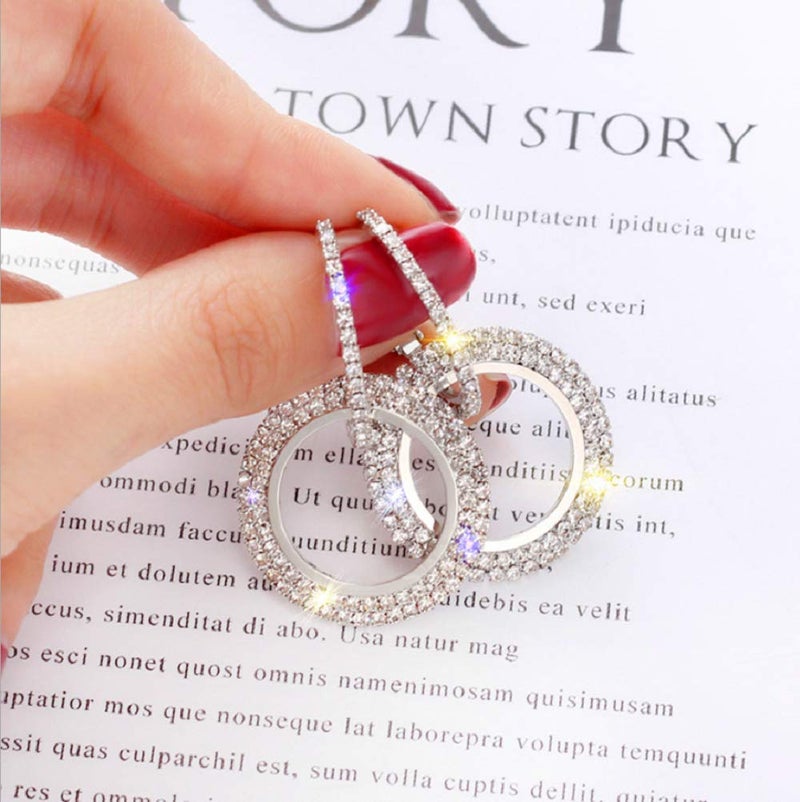 MAIHAO Fashion Rhinestone Double Circle Hoop Earrings for Women Geometric 8 Infinity Round Rings Drop Earrings Party Jewelry Charm (Silver) - Image 3